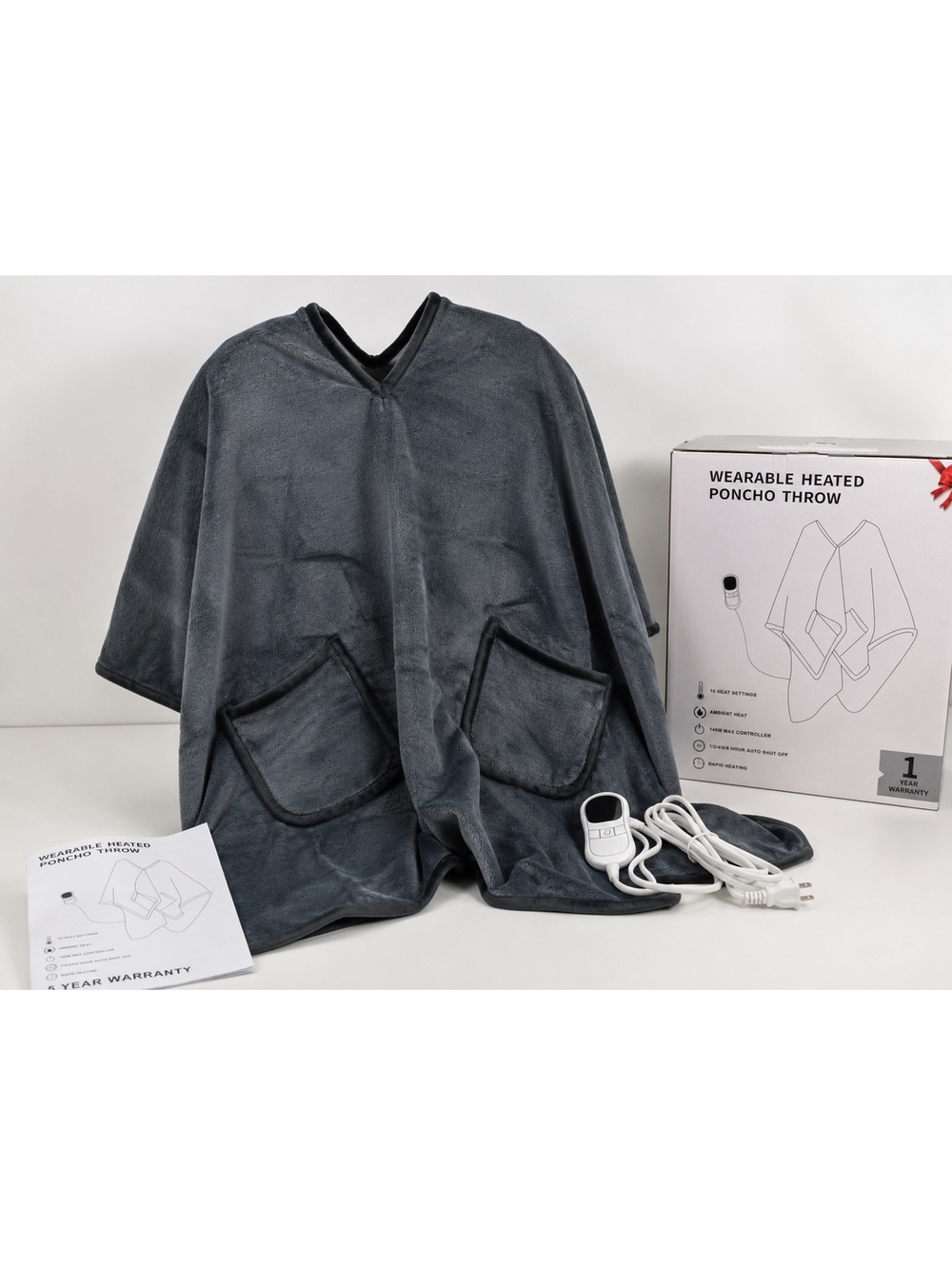 Wearable Electric Heated Poncho Throw Blanket 10 Heat Settings Gray 140W NIB